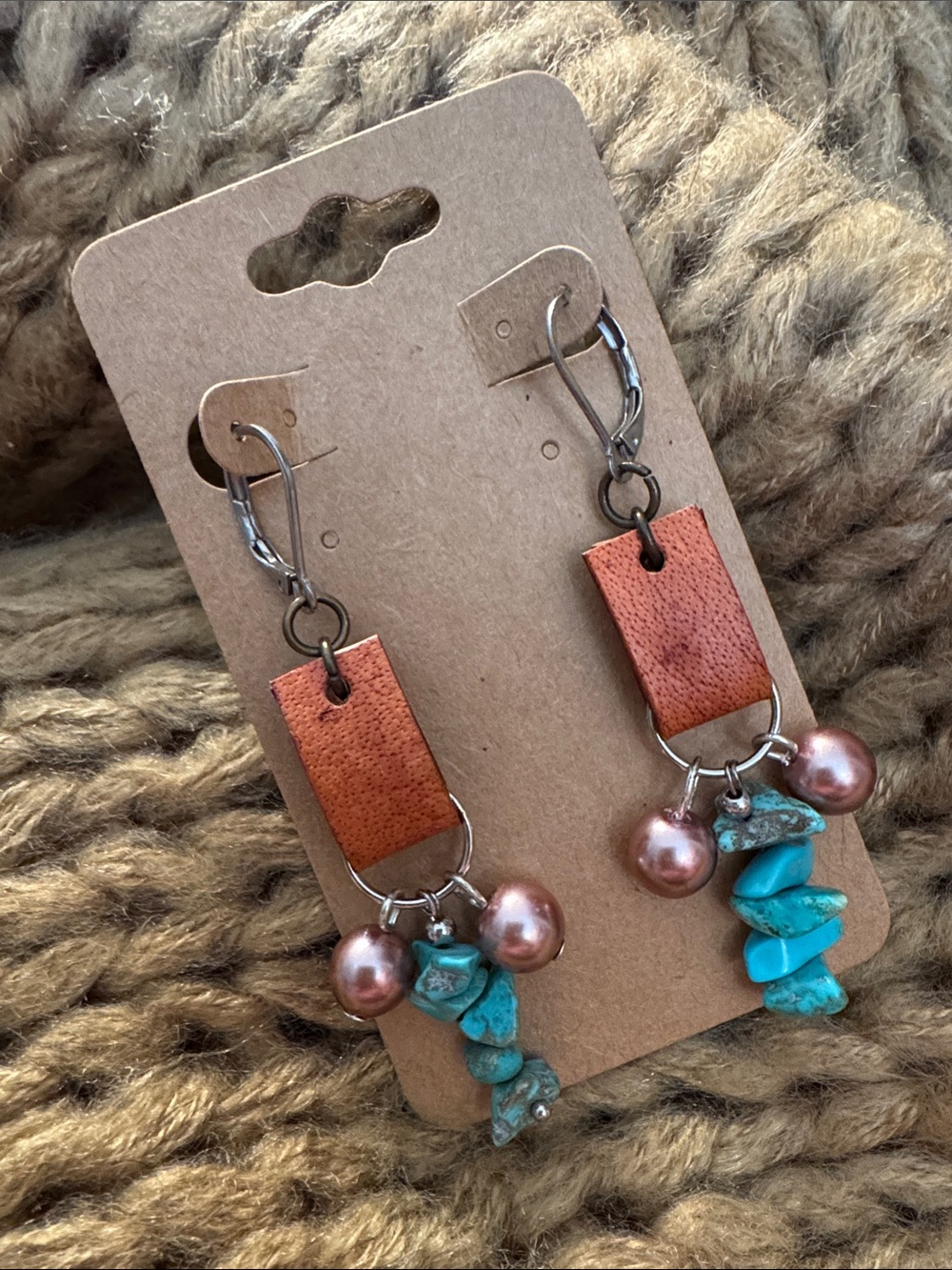 Handmade Turquoise Chip & Copper Pearl Dangle Earrings with Leather Accents